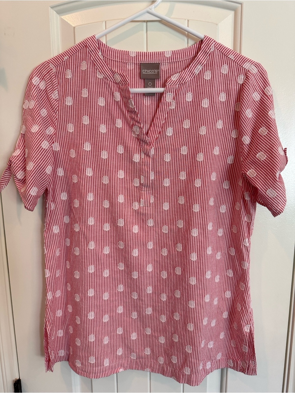Chico's Red White Striped Polka Dot Popover Blouse Side Tie Short Sleeve Size 0